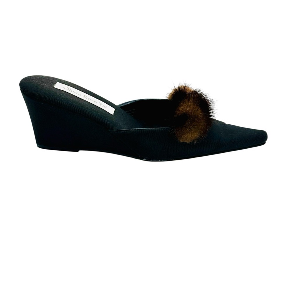 Olivia Rose Tal Black Wedge Mules with Brown Fur sz 9 Vintage - Picture 4 of 11